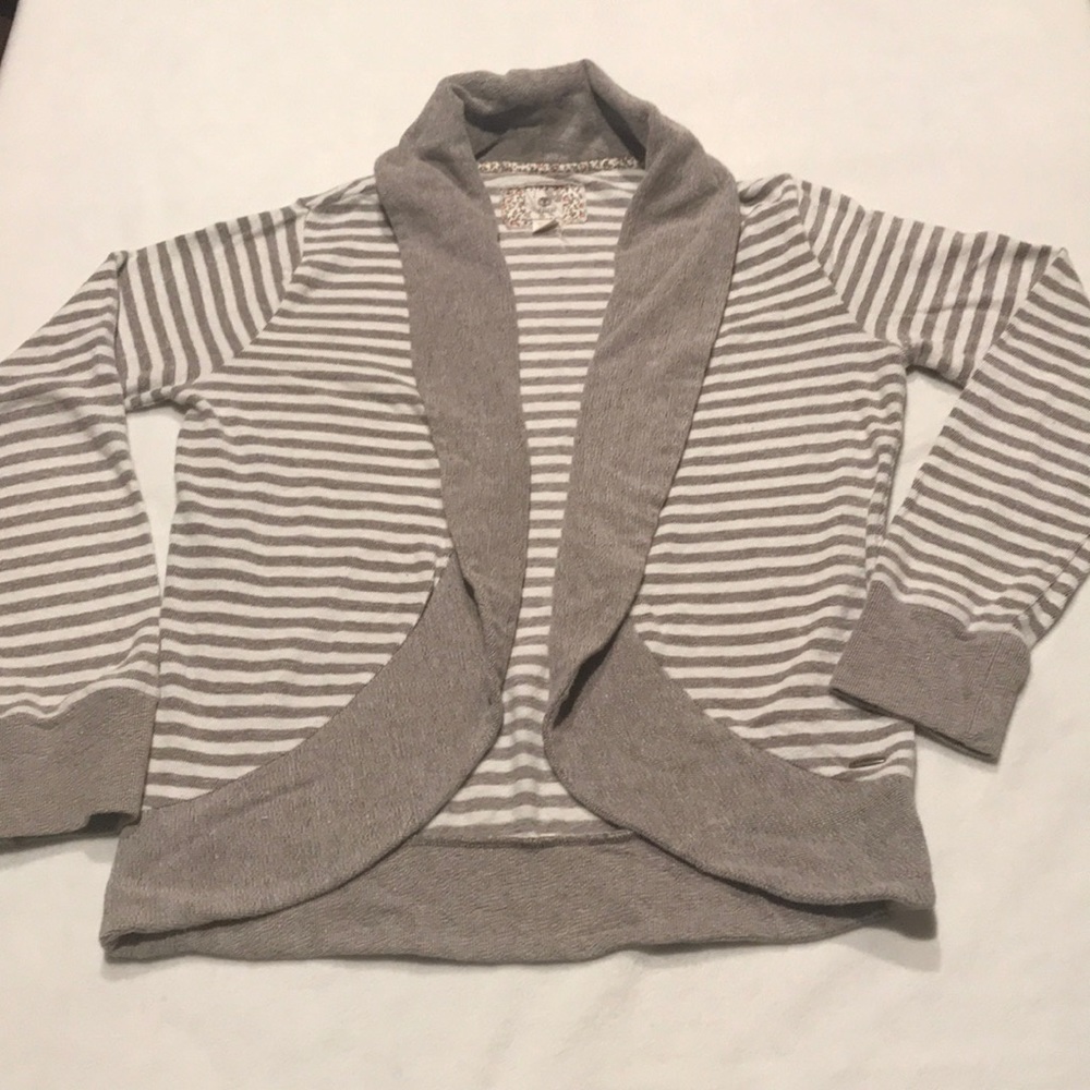 Taupe and white striped cardigan, terry cloth